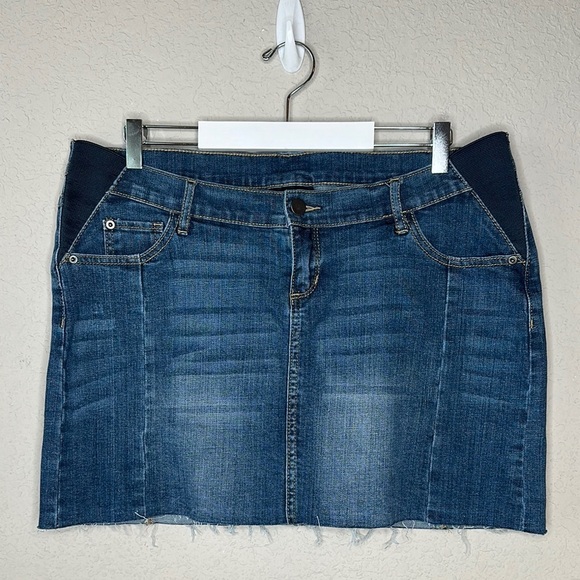 led Luxe Essentials Denim Maternity Skirt Stretch Side Panel Raw Hem Size Large - Picture 3 of 14